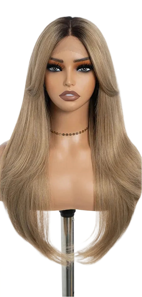 Ombre Brown Blonde 26 inches Straight With Bangs Synthetic Lace Wig