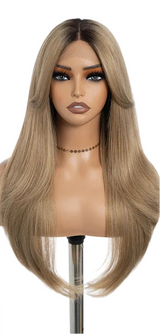 Ombre Brown Blonde 26 inches Straight With Bangs Synthetic Lace Wig