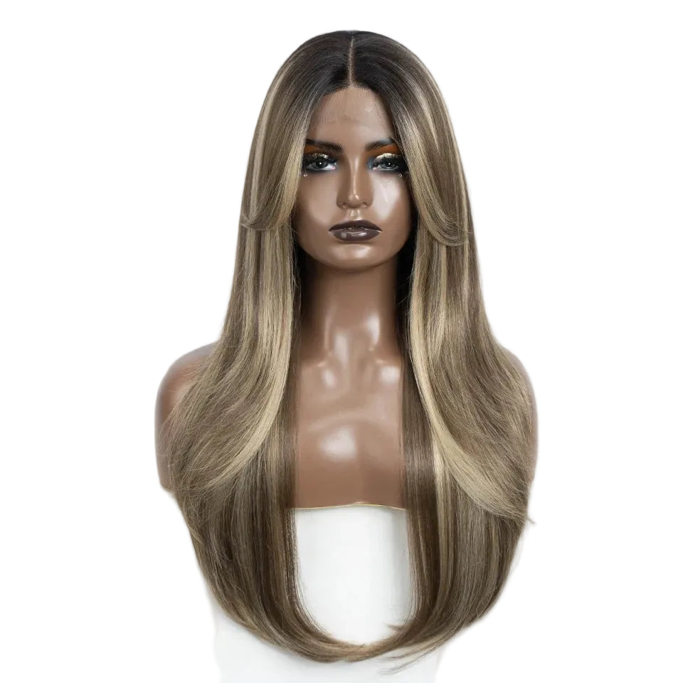 Ombre Brown Blonde 26 inches Straight With Bangs Synthetic Lace Wig