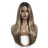 Ombre Brown Blonde 26 inches Straight With Bangs Synthetic Lace Wig