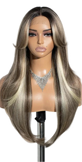 Ombre Brown Blonde 26 inches Straight With Bangs Synthetic Lace Wig
