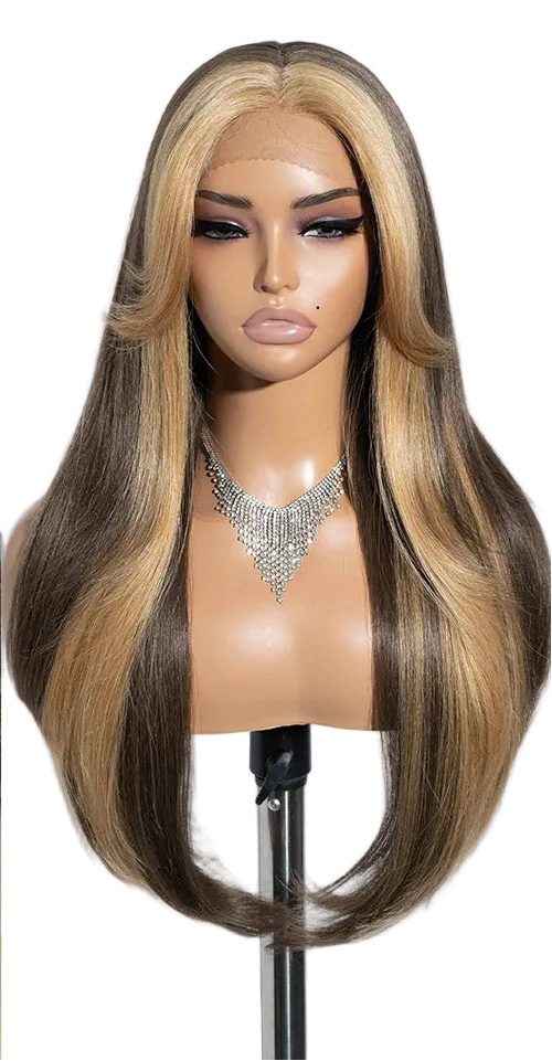 Ombre Brown Blonde 26 inches Straight With Bangs Synthetic Lace Wig