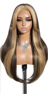 Ombre Brown Blonde 26 inches Straight With Bangs Synthetic Lace Wig