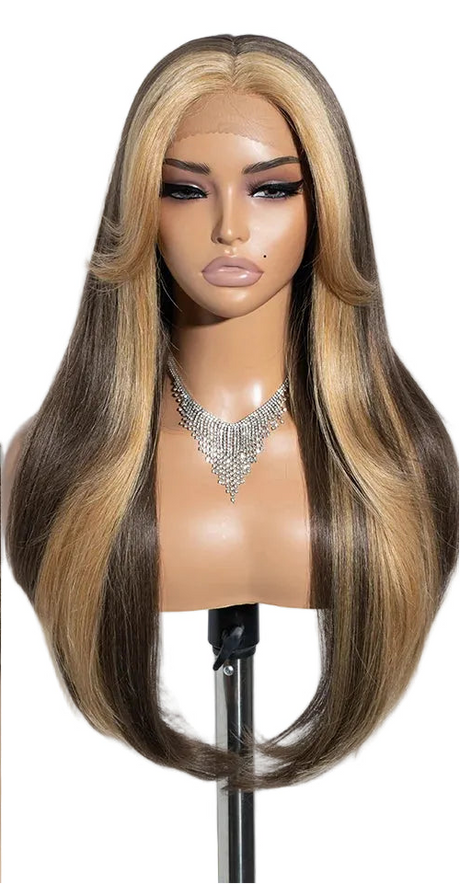 Ombre Brown Blonde 26 inches Straight With Bangs Synthetic Lace Wig