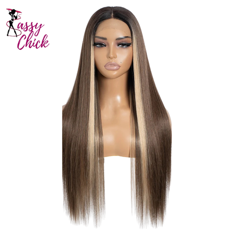 Ombre Brown Highlight Long Straight Synthetic Lace Front Wigs Sassy Chick Logo