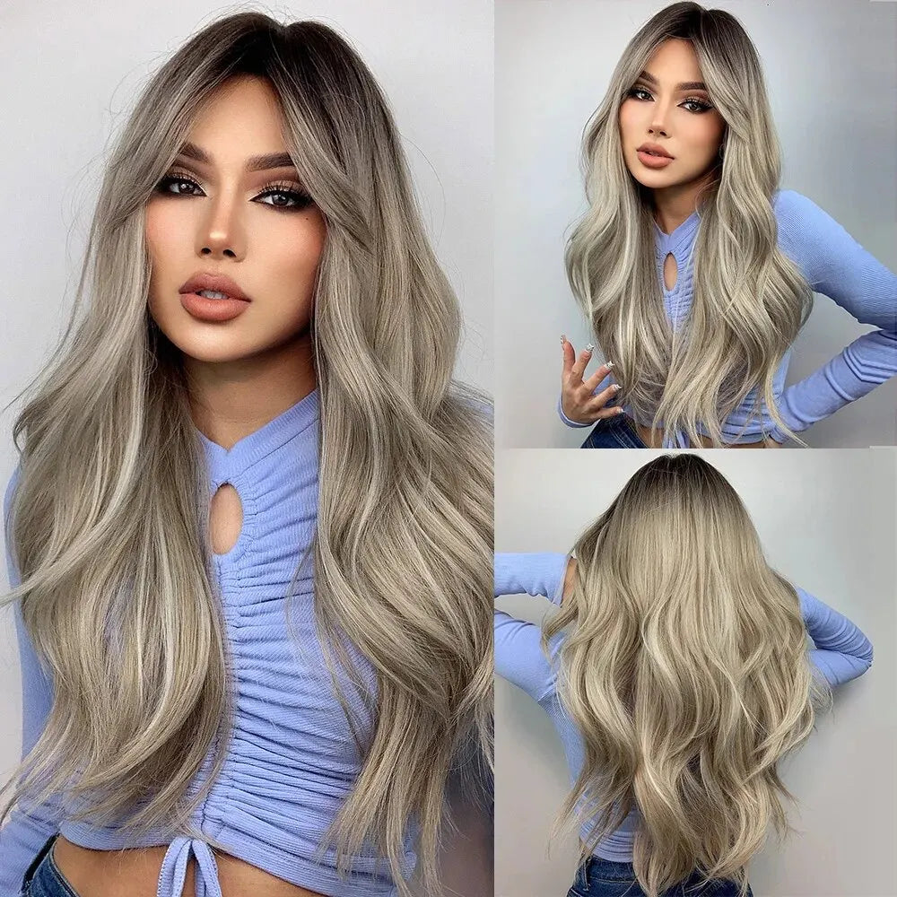 Gray Long Wavy Synthetic Wigs