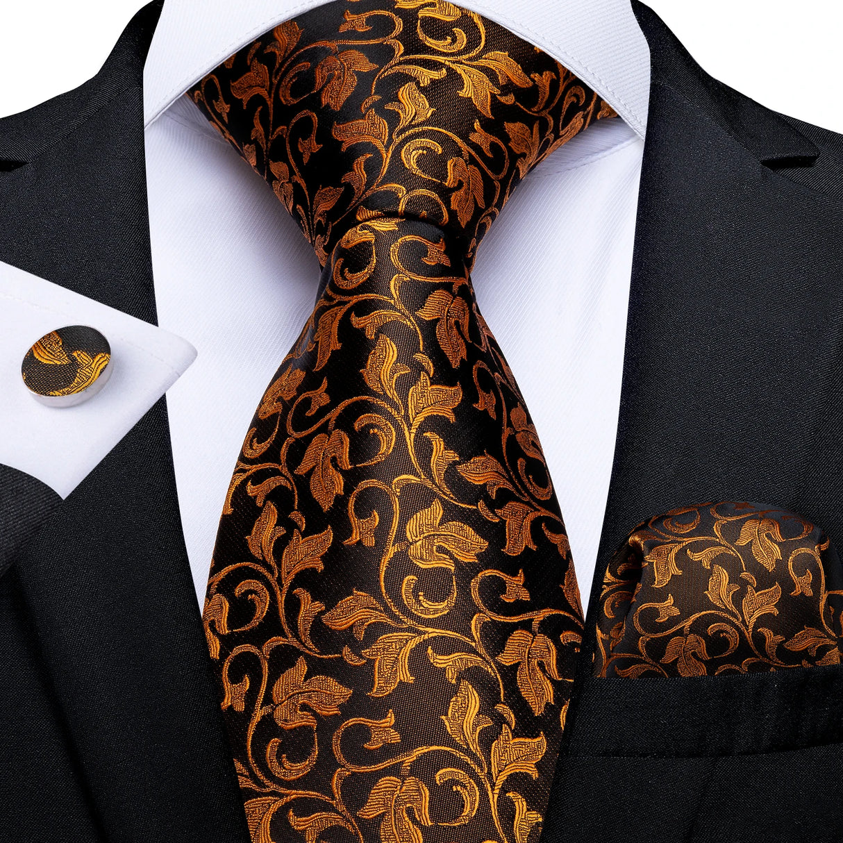 gold black floral pattern tie