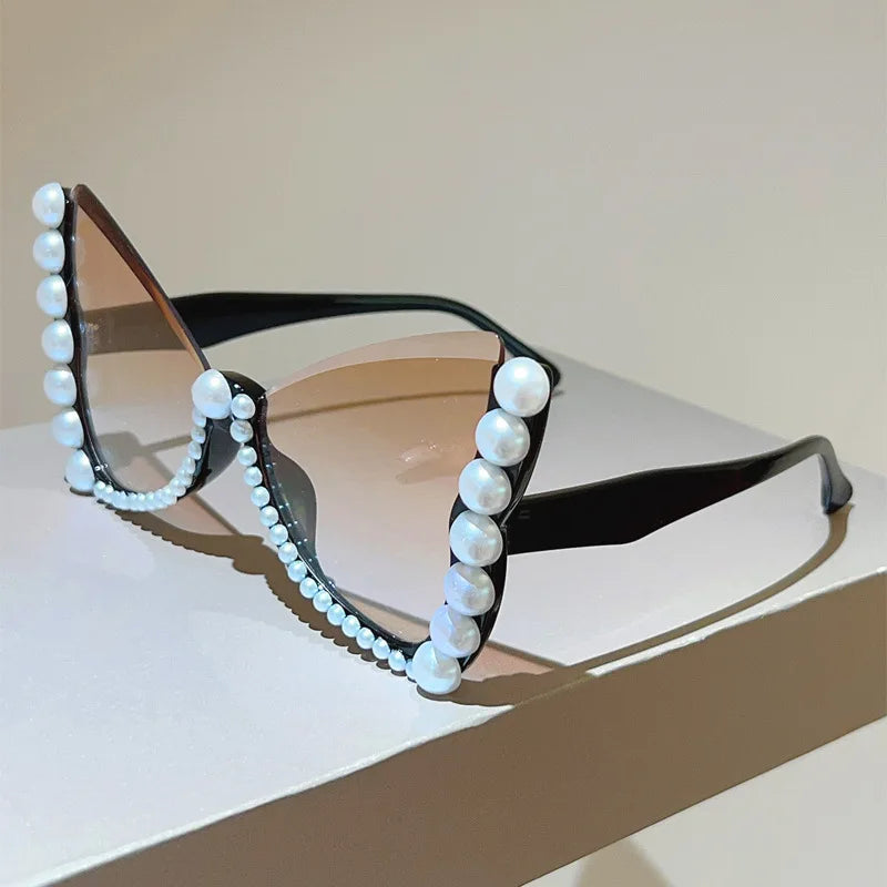 Black Oversize Frameless Pearl Cat Eye Sunglasses