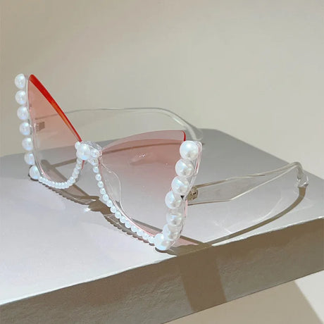 Orange Oversize Frameless Pearl Cat Eye Sunglasses