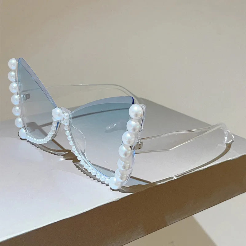 Blue Oversize Frameless Pearl Cat Eye Sunglasses