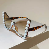 Leopard Oversize Frameless Pearl Cat Eye Sunglasses