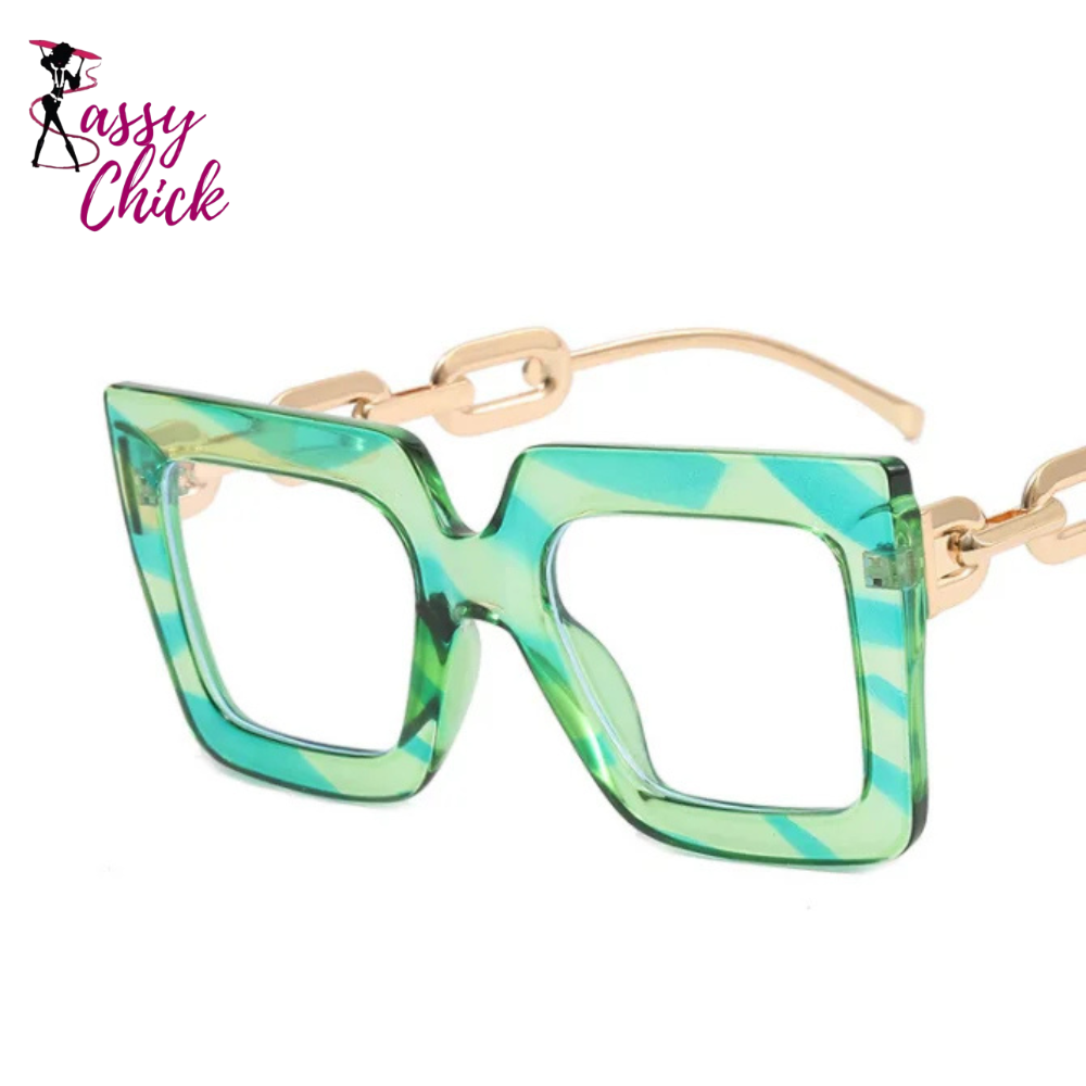 Oversize Hyperopia Chain Frame Clear Lens Eyewear Sassy Chick Logo