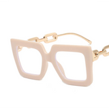 Beige Oversize Hyperopia Chain Frame Clear Lens Eyewear