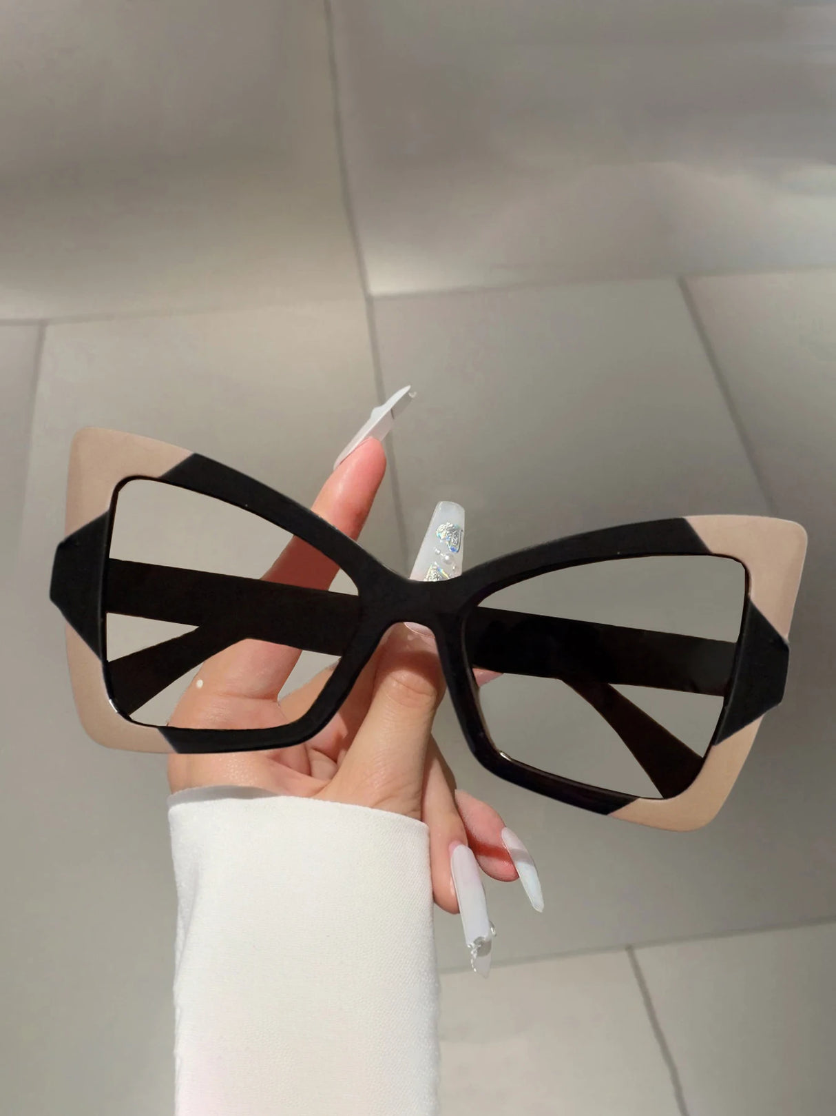 Black khaki Oversized Cat Eye Contrast Color Design Glasses