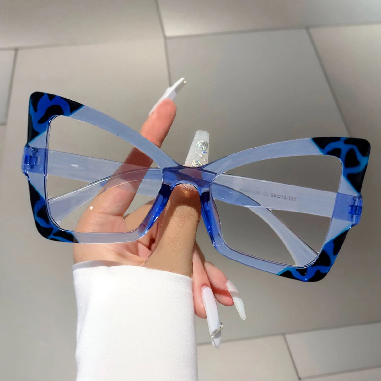 Blue Oversized Cat Eye Contrast Color Design Glasses