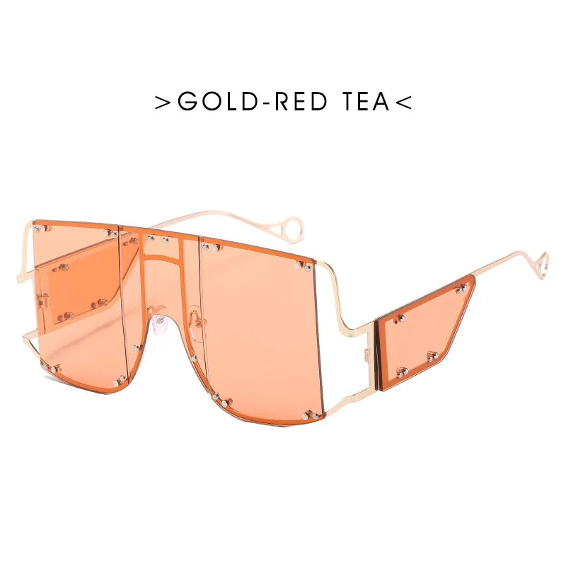 Red Tea Oversized Metal Frame Punk Square Goggle Sunglasses