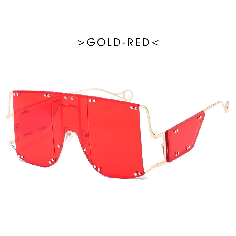 Red Oversized Metal Frame Punk Square Goggle Sunglasses