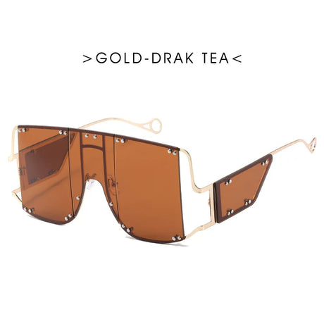 Brown Oversized Metal Frame Punk Square Goggle Sunglasses