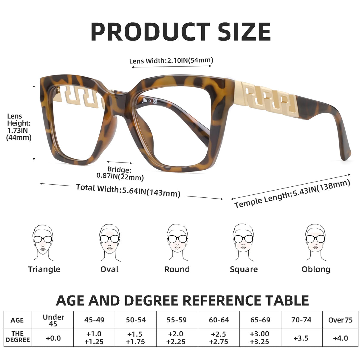 Oversized Oprah Style Reading Glasses size chart brown clear lens