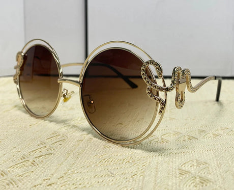Oversized Round Metal Snake Frame Women Sunglasses brown