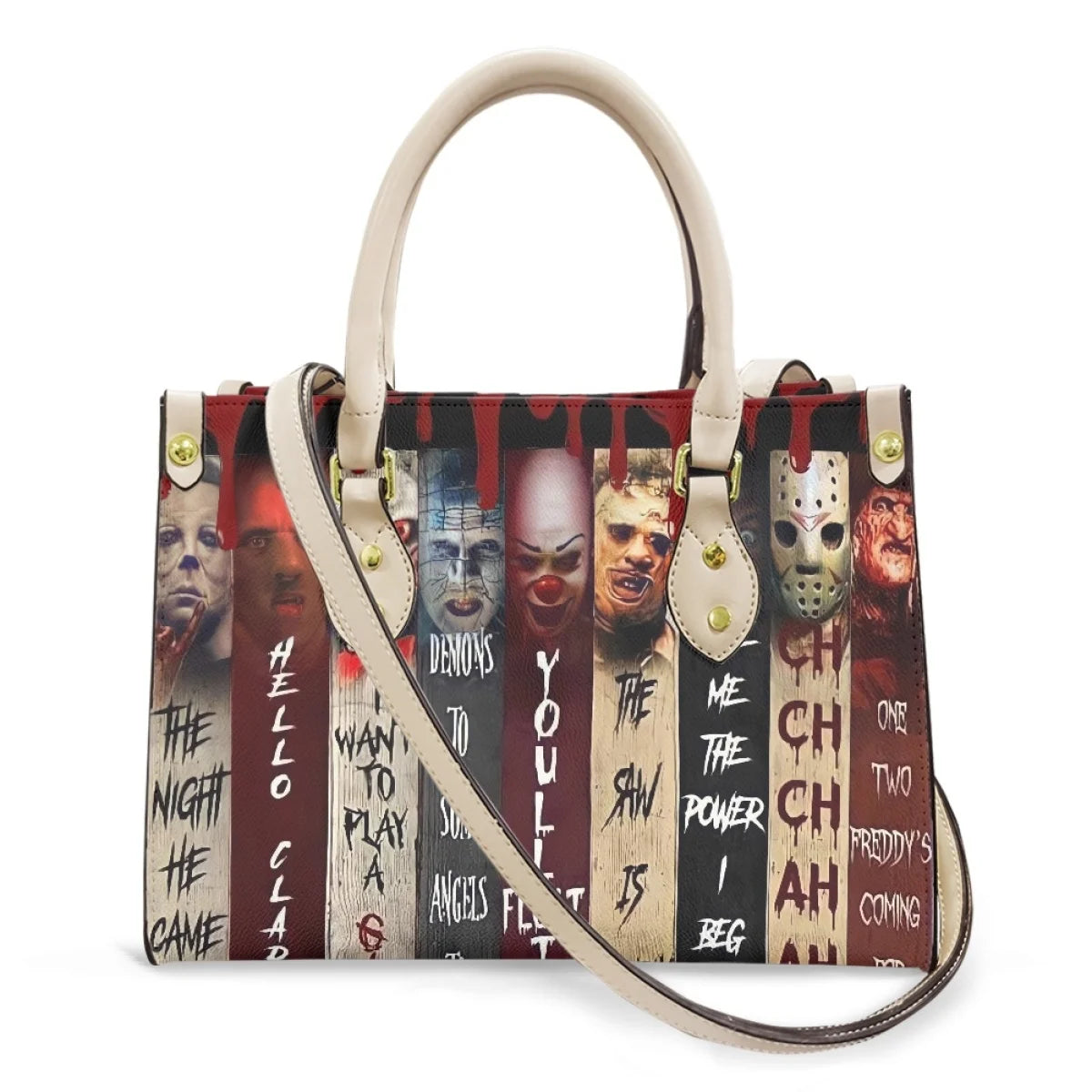 scary character printed white strap bag