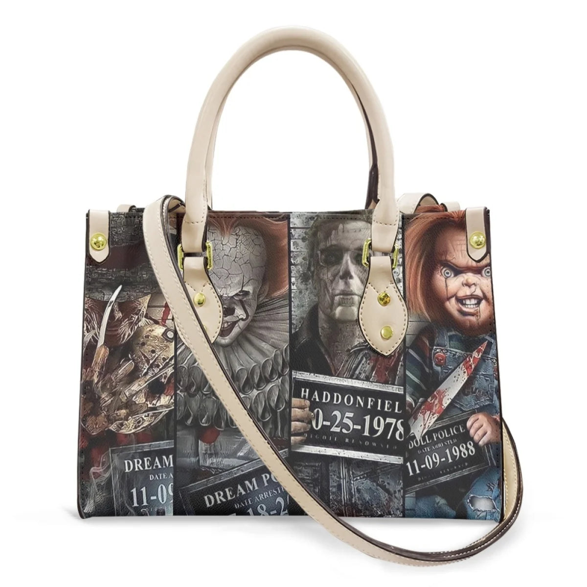 scary character white strap bag