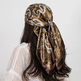 Brown Paisley Cashew Flower Print 90cm Square Silk Scarves