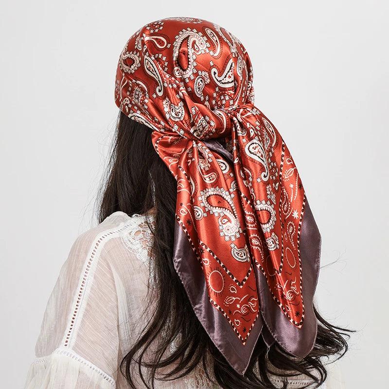 Red Brown Paisley Cashew Flower Print 90cm Square Silk Scarves