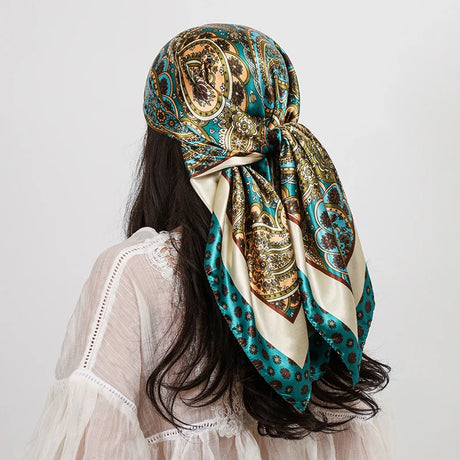 Blue Paisley Cashew Flower Print 90cm Square Silk Scarves