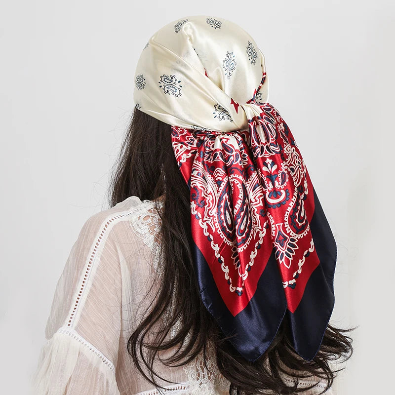 White Red Blue Paisley Cashew Flower Print 90cm Square Silk Scarves