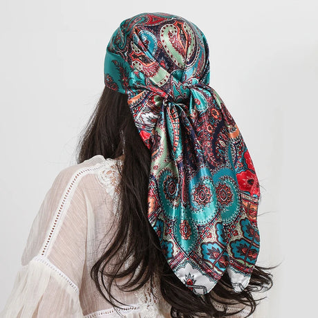 Blue Paisley Cashew Flower Print 90cm Square Silk Scarves