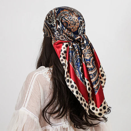 Blue Red Paisley Cashew Flower Print 90cm Square Silk Scarves