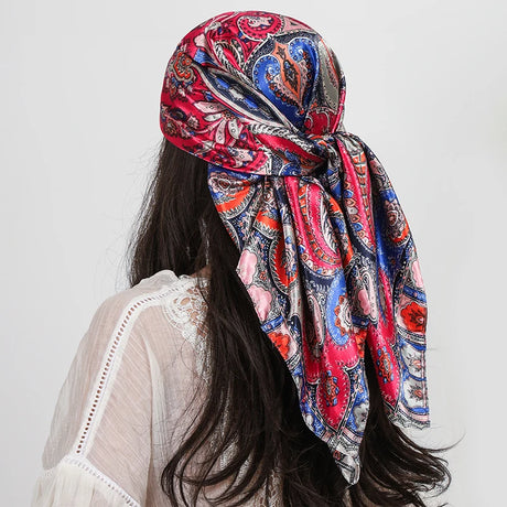 Red Blue Paisley Cashew Flower Print 90cm Square Silk Scarves