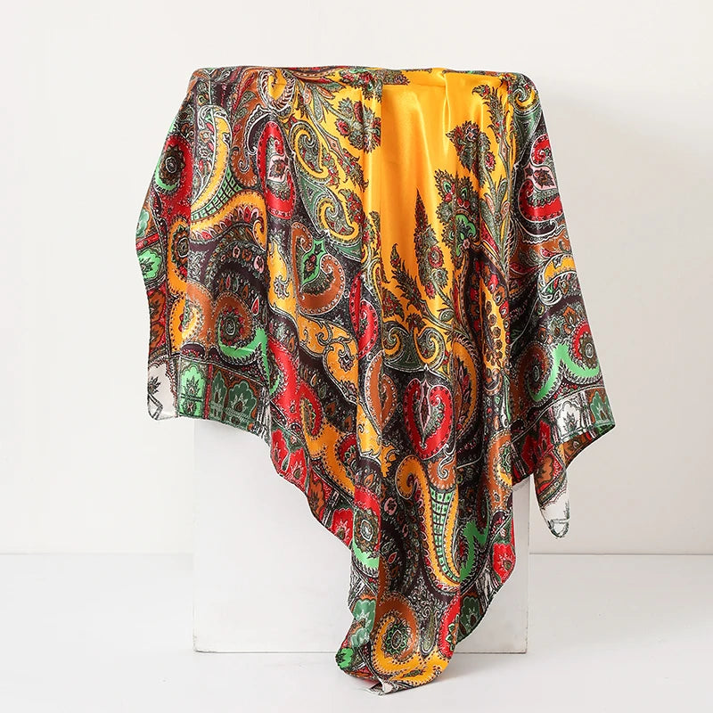 Multicolor Paisley Cashew Flower Print 90cm Square Silk Scarves