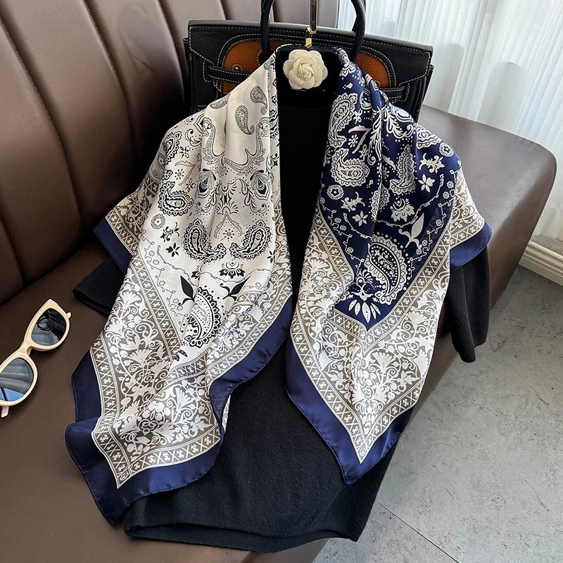 Blue Paisley Cashew Print 90*90cm Satin Square Scarf Hijab Silk Scarf Shawl