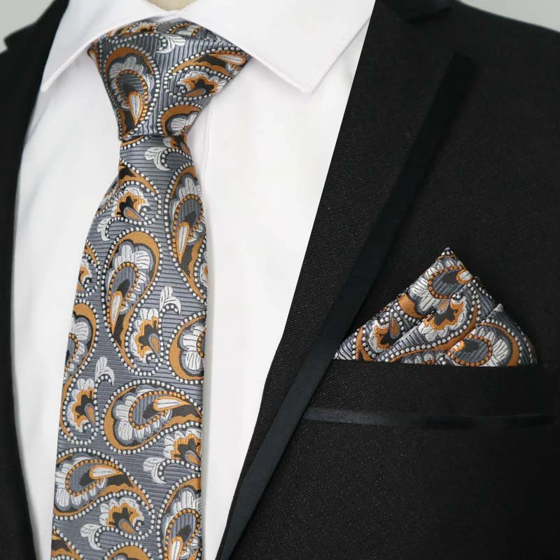Paisley Floral Jacquard Brown Orange Necktie Hanky Sets