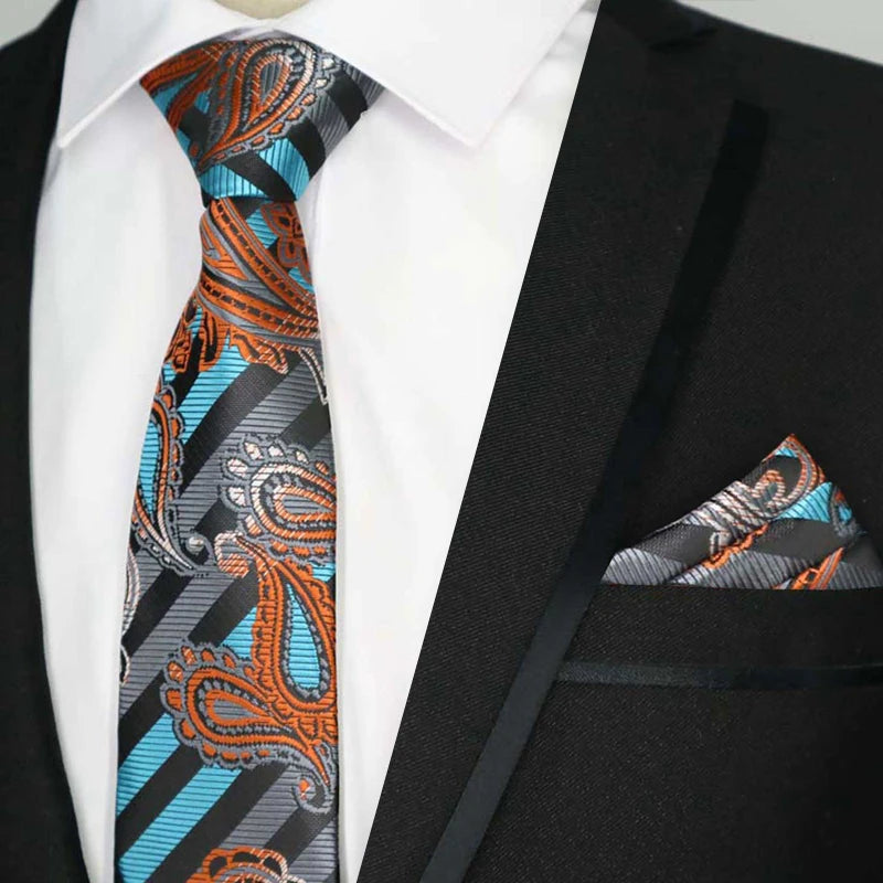 Paisley Floral Jacquard Brown Orange Necktie Hanky Sets