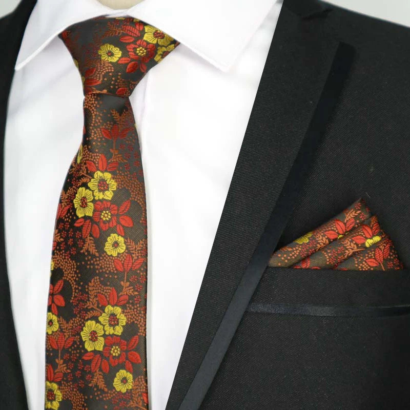 Paisley Floral Jacquard Brown Orange Necktie Hanky Sets