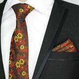 Paisley Floral Jacquard Brown Orange Necktie Hanky Sets