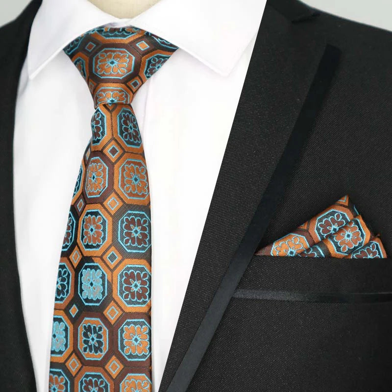 Paisley Floral Jacquard Brown Orange Necktie Hanky Sets