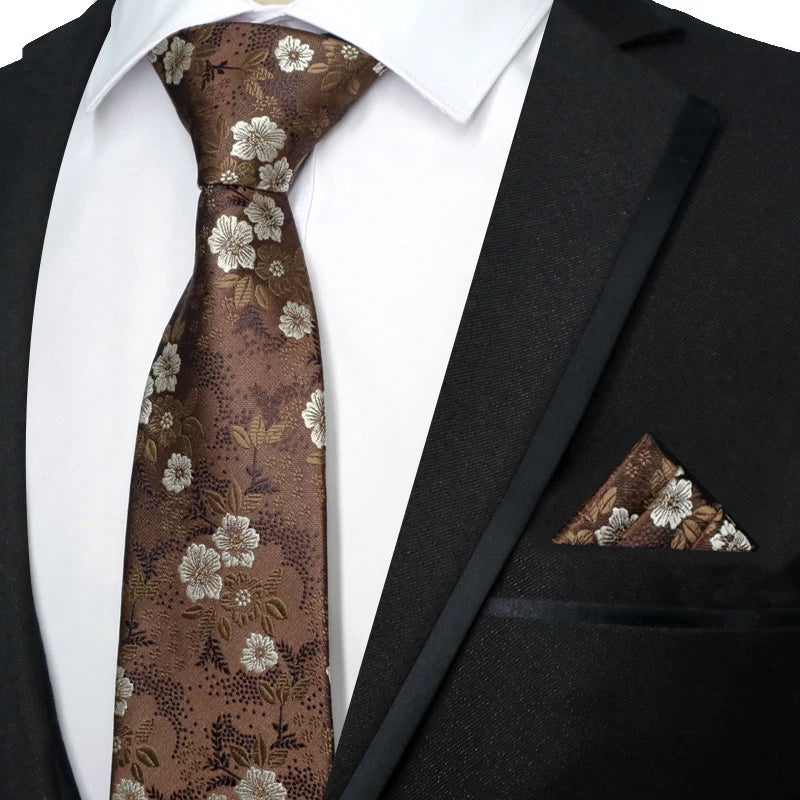 Paisley Floral Jacquard Brown Orange Necktie Hanky Sets