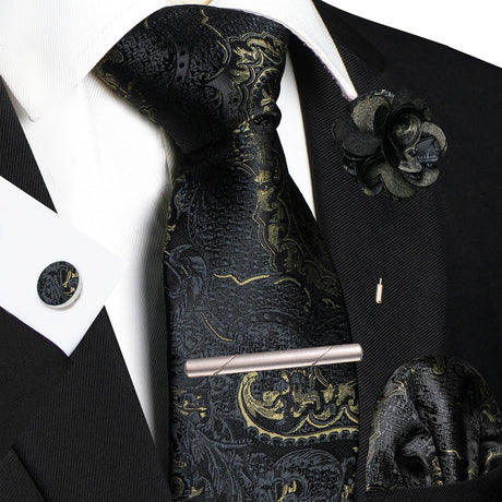 Black Paisley Hanky Cufflink Brooch Wedding Tie For Men