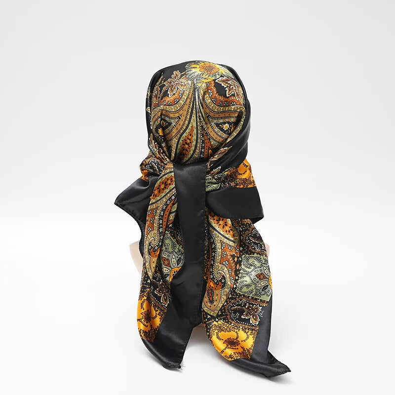 Black Paisley Shawl Head Scarf Satin Square Scarves Hair Bandana