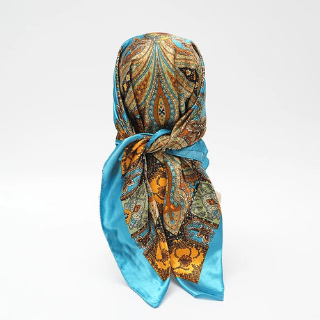 Blue Paisley Shawl Head Scarf Satin Square Scarves Hair Bandana