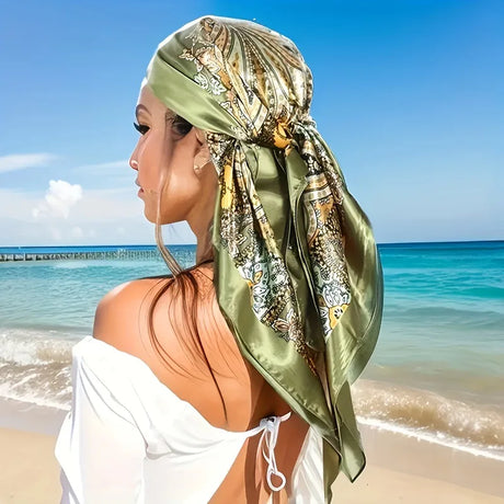 Green Paisley Shawl Head Scarf Satin Square Scarves Hair Bandana