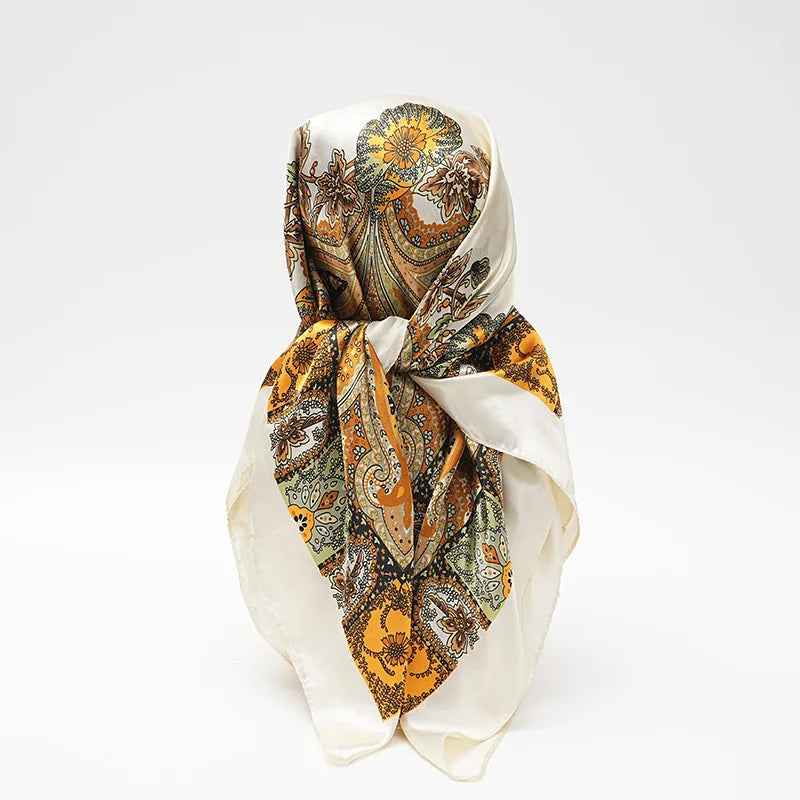 White Paisley Shawl Head Scarf Satin Square Scarves Hair Bandana
