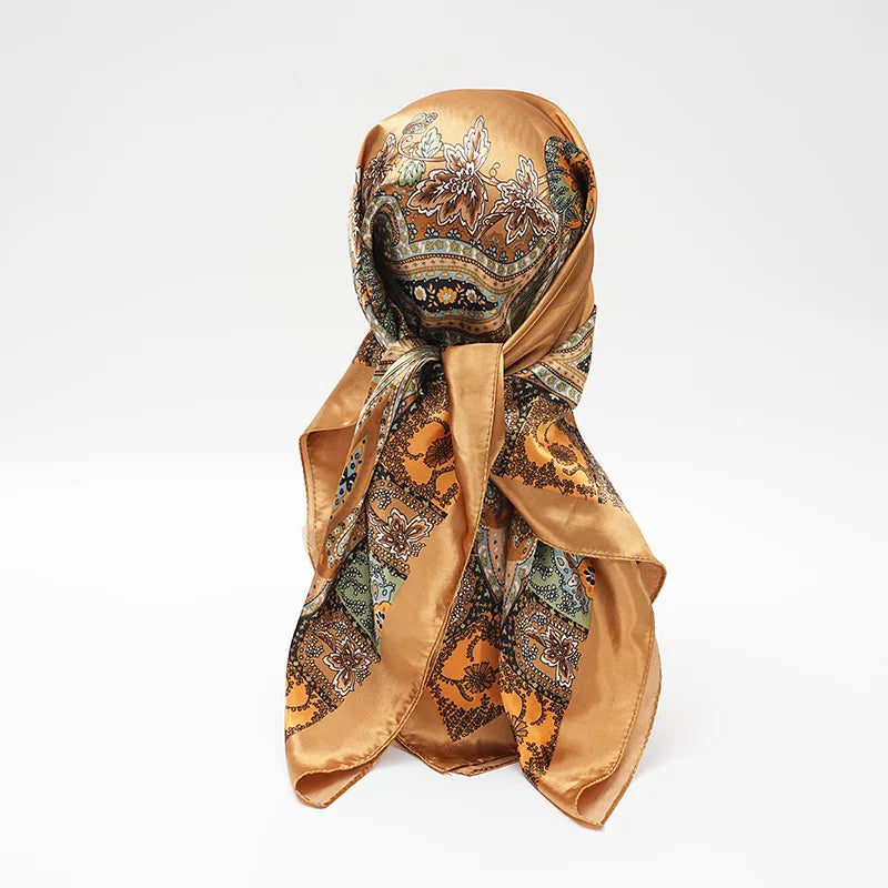 Gold Paisley Shawl Head Scarf Satin Square Scarves Hair Bandana
