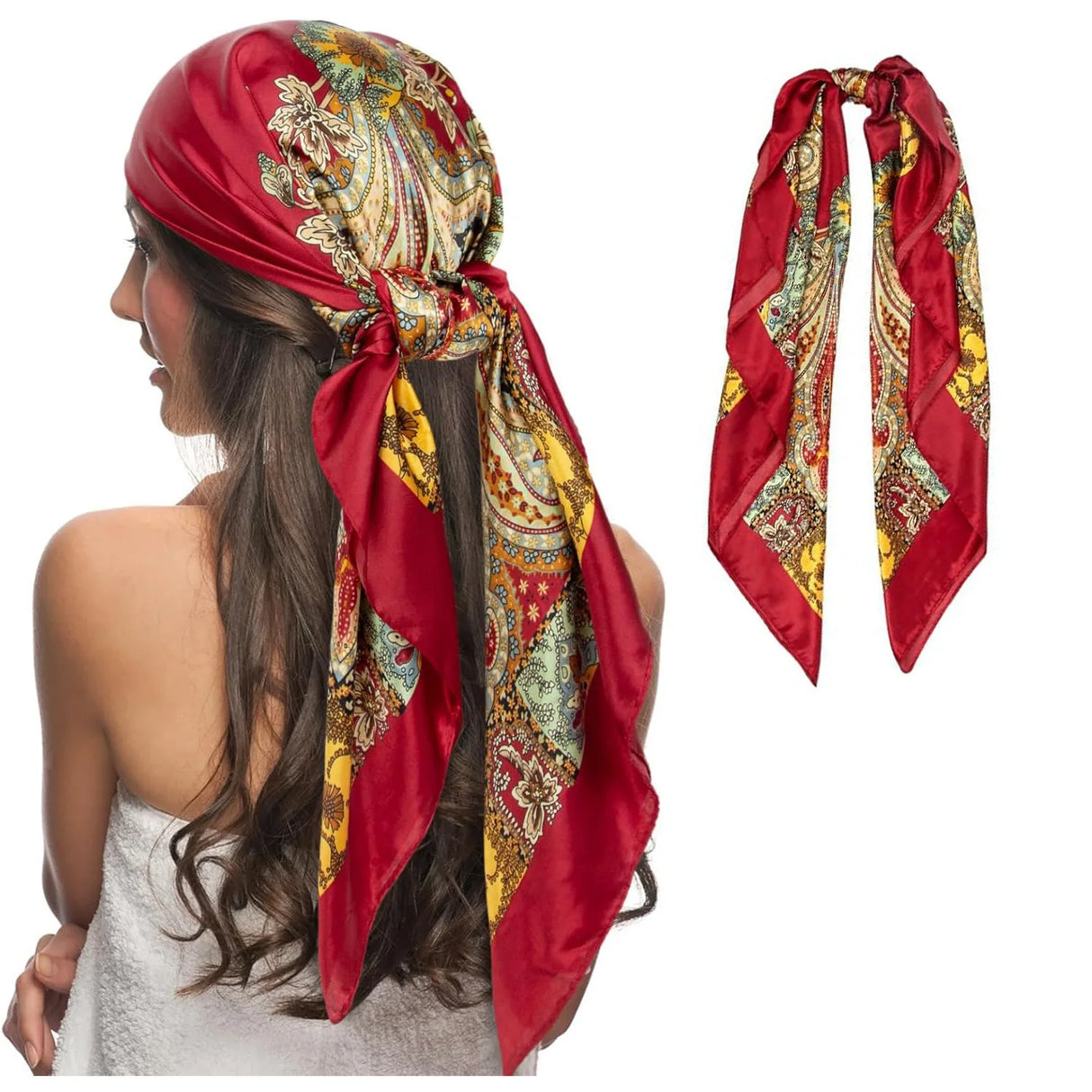 Red Paisley Shawl Head Scarf Satin Square Scarves Hair Bandana