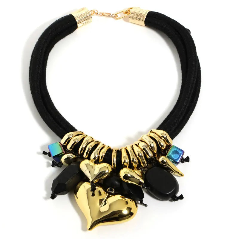 Black Party Beaded Hearts Pendant Necklace