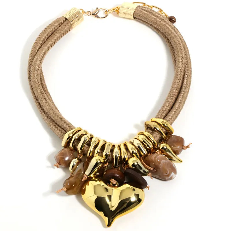 Brown Party Beaded Hearts Pendant Necklace